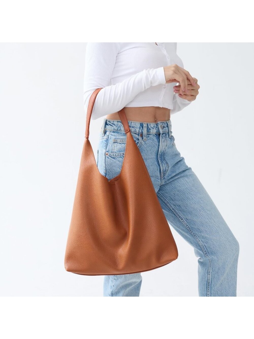 Women's Orange Brown Soft Vegan Leather Hobo Shoulder Bag Slouchy Tote Purse - Picture 7 of 7